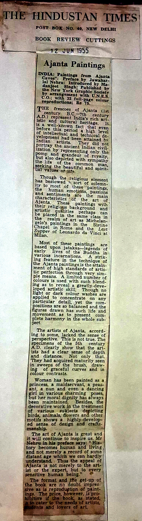 Book review by Manohar Kaul:  Paintings from Ajanta Caves, Preface by Jawaharlal Nehru