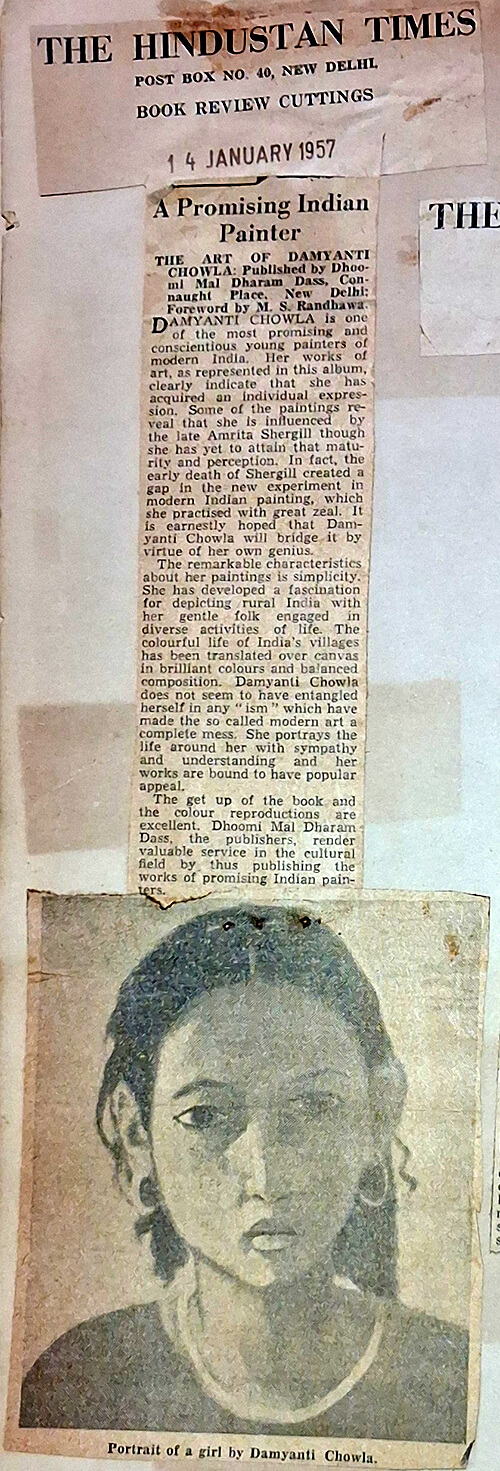 Book review by Manohar Kaul: The Art of Damyanti Chowla.
Published by Dhoomi Mal