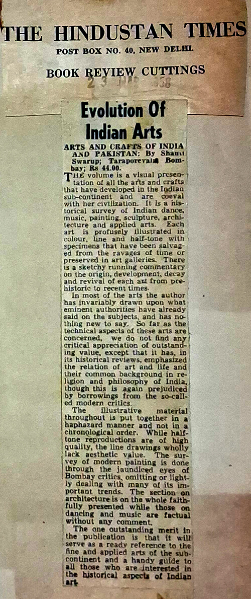 Book review by Manohar Kaul:Arts and Crafts of India and Pakistan by Shanti Swarup; Taraporevala, Bombay