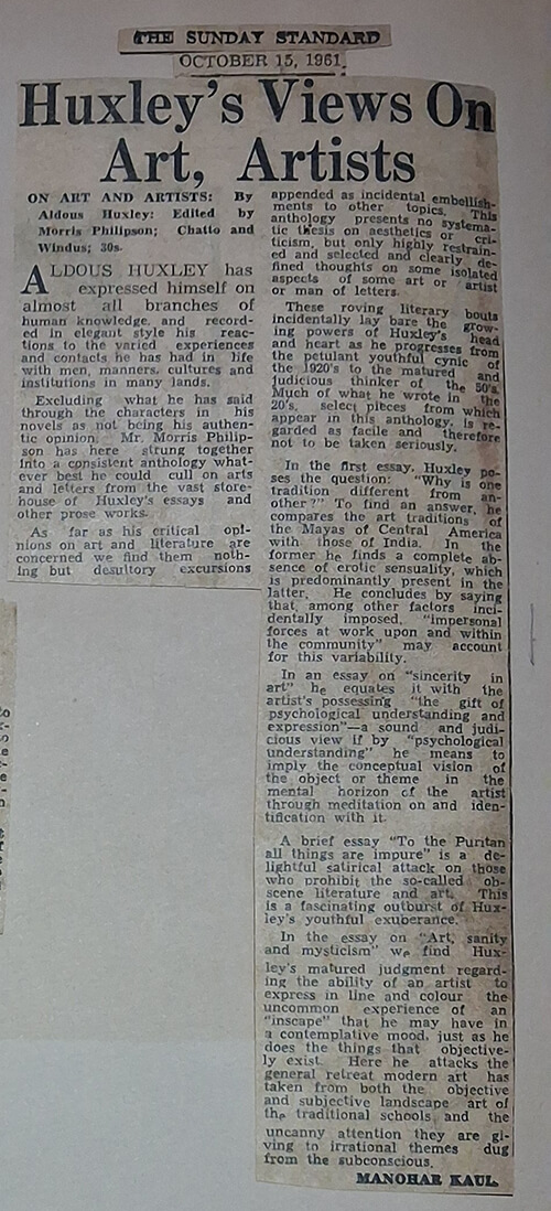 Book review by Manohar Kaul:ON ART AND ARTISTS
By Aldous Huxley