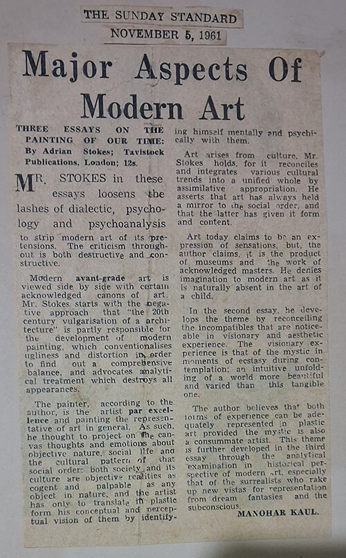 Book review by Manohar Kaul:THREE ESSAYS ON THE PAINTING OF OUR TIME By Adrian Stokes