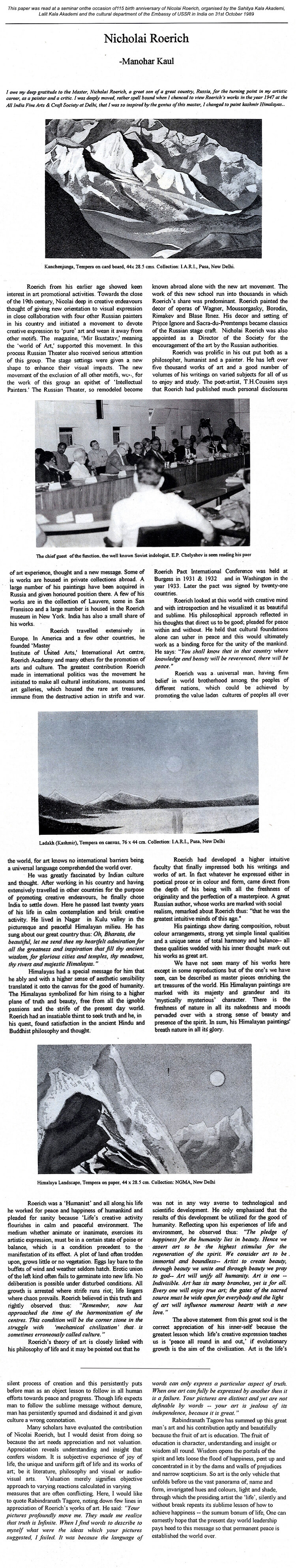 Nicholai Roerich- paper read in seminar of 115th birth anniversary