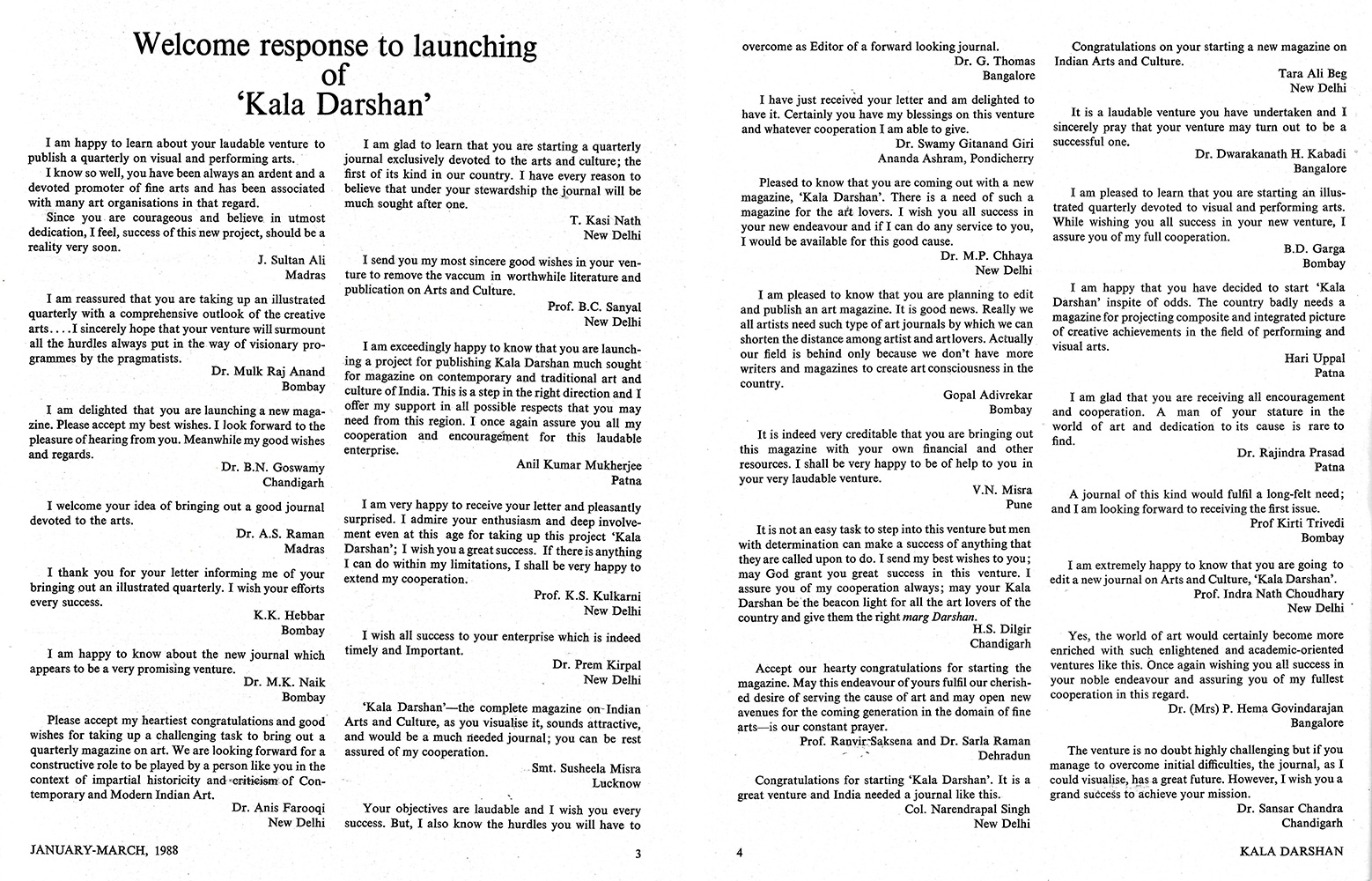 Letters/Response – Kalā Darshan Vol-1 Issue-1 (1988)