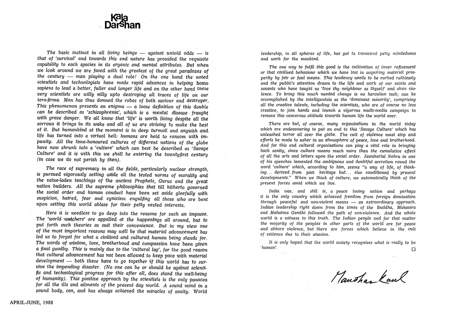 Editorial – Kalā Darshan Vol-1 Issue-2 (1988)