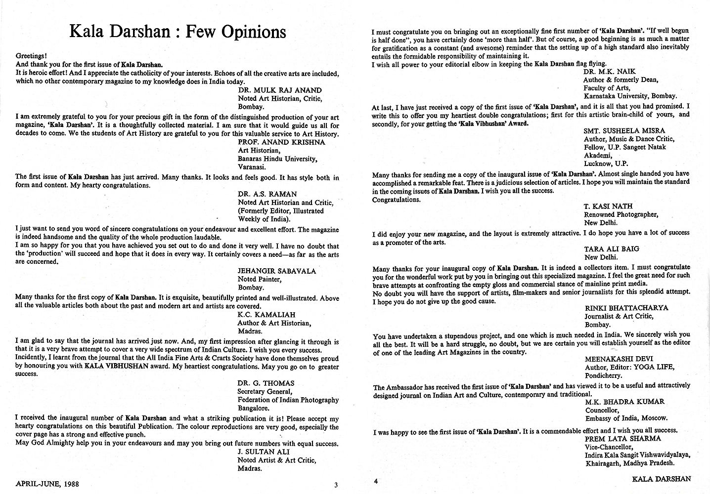Letters/Response – Kalā Darshan Vol-1 Issue-2 (1988)
