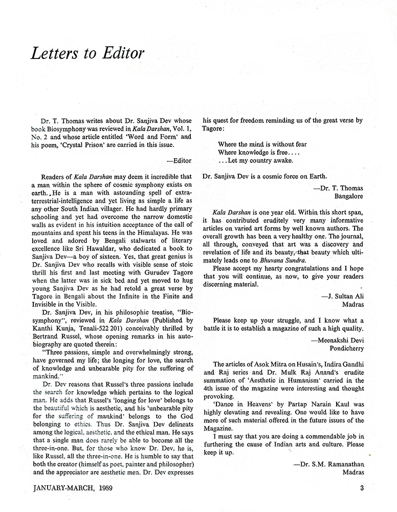 Letters/Response – Kalā Darshan Vol-2 Issue-1 (1989)
