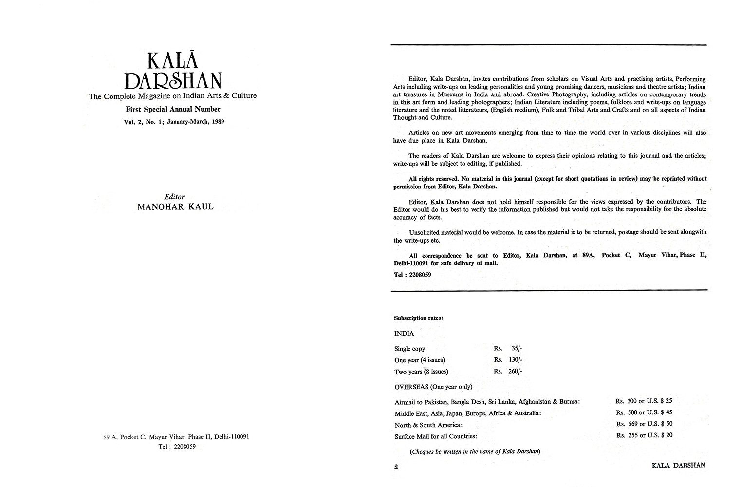 Title Page – Kalā Darshan Vol-2 Issue-1 (1989)