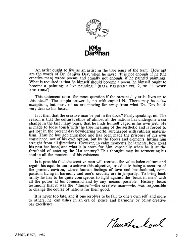 Editorial – Kalā Darshan Vol-2 Issue-2 (1989)
