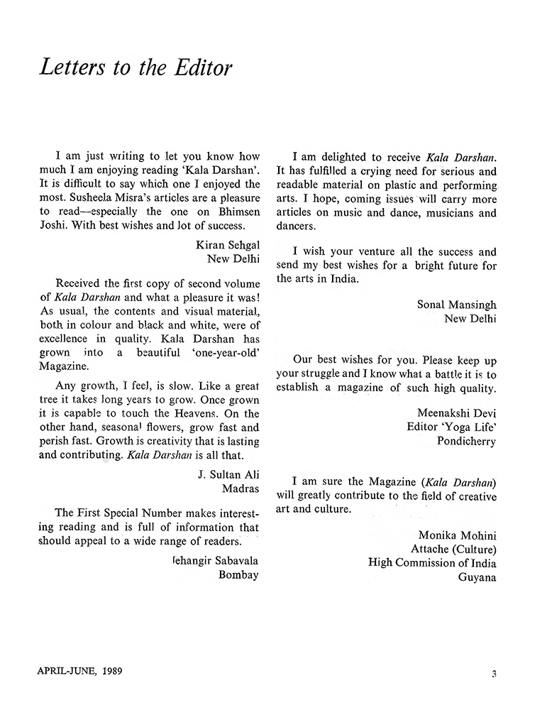 Letters/Response – Kalā Darshan Vol-2 Issue-2 (1989)