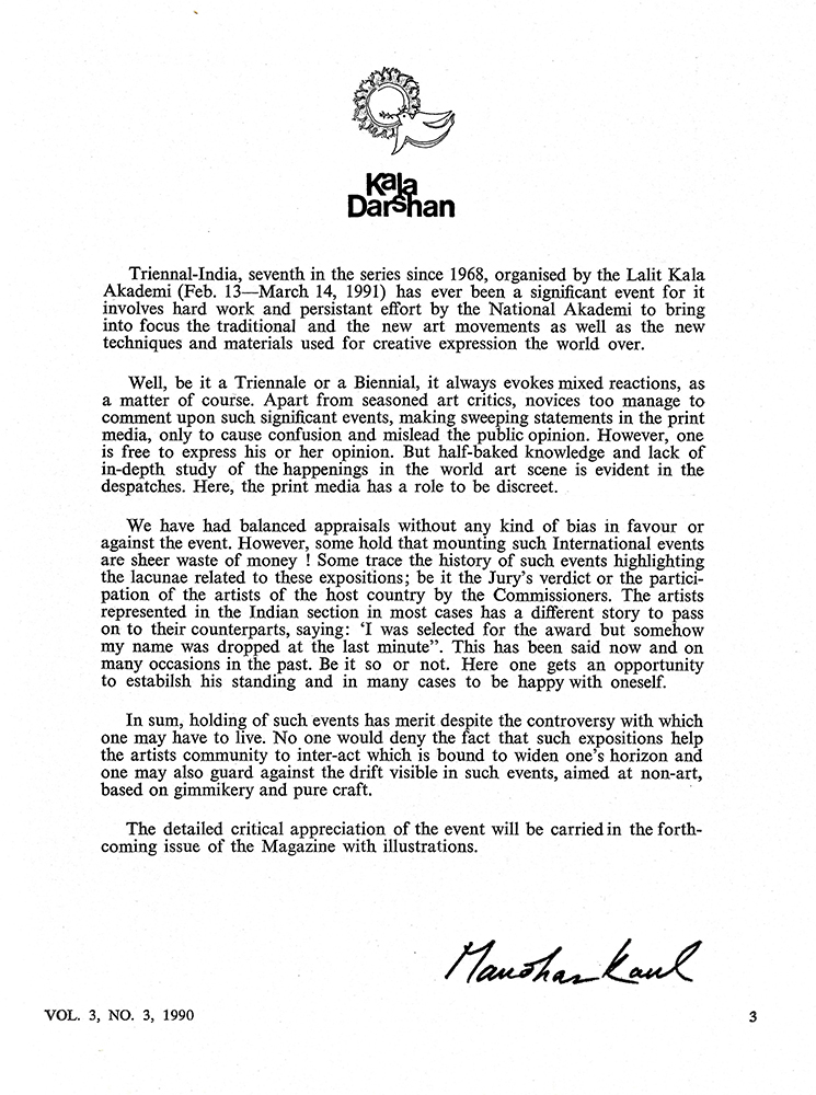 Editorial – Kalā Darshan Vol-3 Issue-3 (1990)