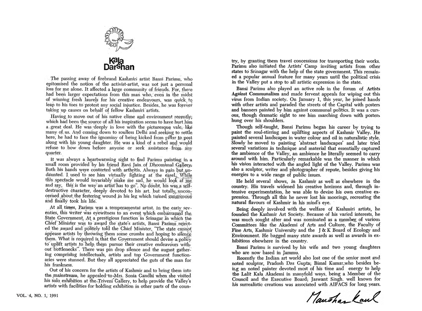 Editorial – Kalā Darshan Vol-4 Issue-1 (1991)