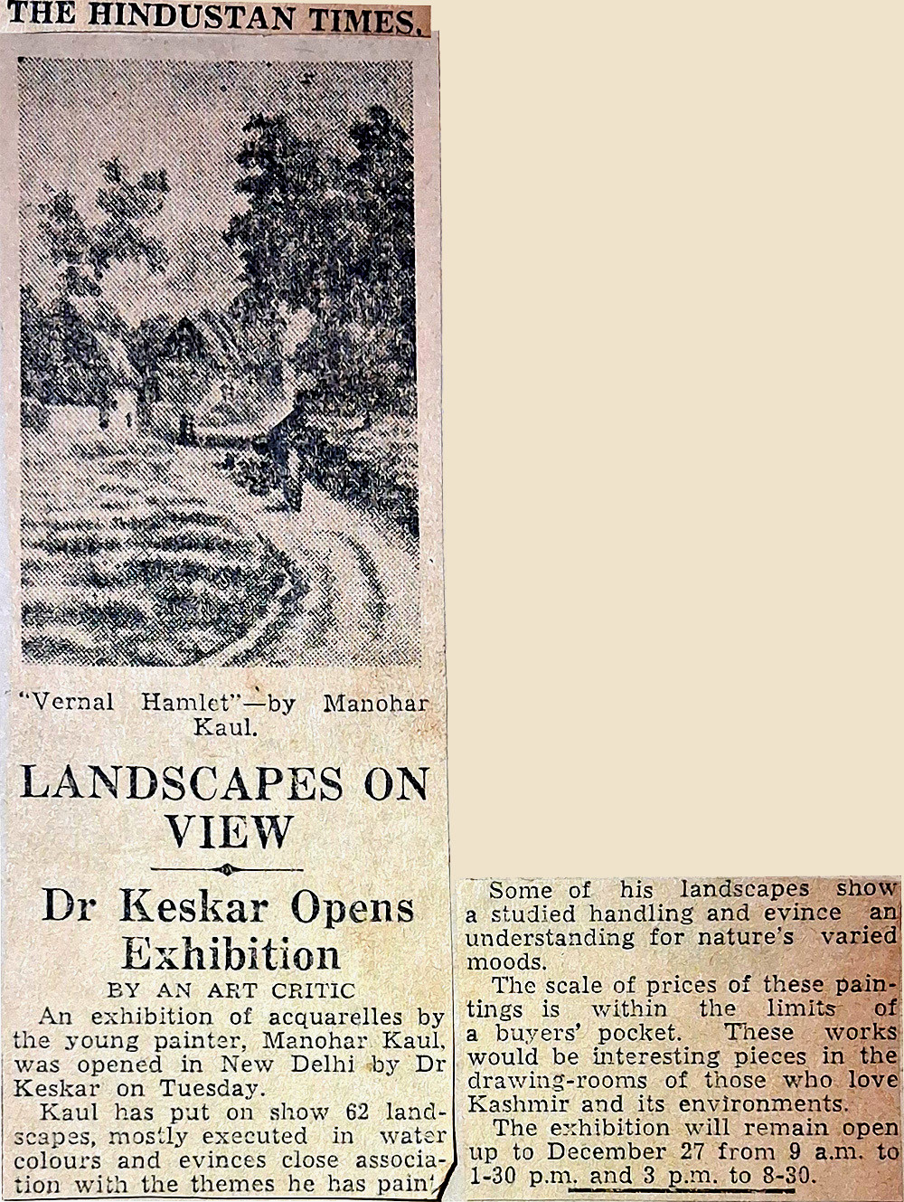 Review titled 'Landscapes on View' about Manohar Kaul's 1957 exhibition