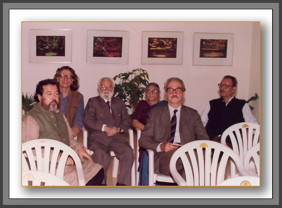 Relaxing after the inauguration ceremony: K. Khosa, Keshav Malik, Manohar Kaul, Mohini Kaul, P.N. Bhat (college friend), and Motilal Kuchroo