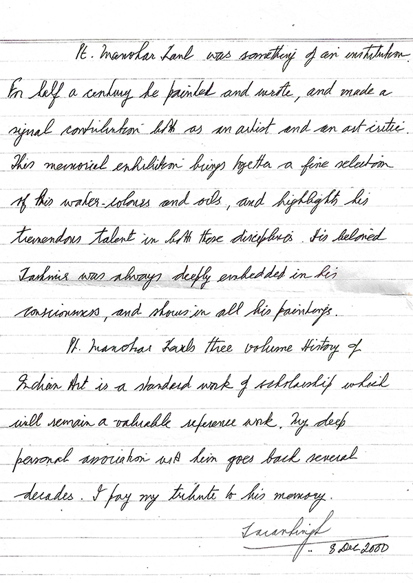 Visitor book comment by Dr. Karan Singh – 2000 exhibition
